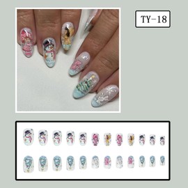 Christmas Press on Nails Almond Shaped Glossy Full Cover Acrylic Medium Almond Winter False Nails with Cartoon Designs Artificial Holiday Almond Fake Nails with Glue ons Fingernails for Women Girls