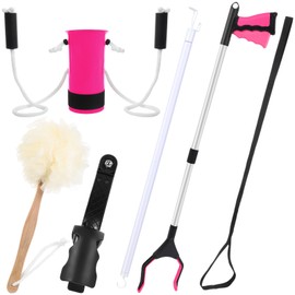 Domensi 6 Pcs Total Hip Kit with Leg Lifter Hip Back Knee Replacement Recovery Aid for Seniors Pregnant 32'' Foldable Grabber Sock Assist Device No Bending Shoe Horn Dressing Stick Bath Sponge(Pink)
