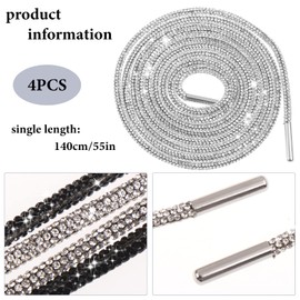 4 Pieces Rhinestone Glitter Rope 55'' Shoelaces Crystal Shoe Laces Bling Bling Drawstring Cords Replacement Shiny Round Shoe Laces Sneakers Canvas Athletic Girls' Cheerleading Shoes