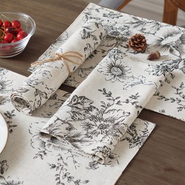 TOPICK Floral Place Mats for Table Linen Blend Table Mats Set of 4 Vintage Table Placemats Holiday Rustic Cloth Table Mats for Kitchen Dining Table Decor Washable Tablemats 13x19 Inch Black