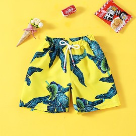 NautySaurs Boys Board Shorts Kids Swimming Shorts Hawaiian Cartoon Full Print Beach Shorts Swim Trunks, Coconut Tree - Yellow, 7 - 8 years