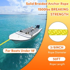 Anchor Rope 50FT x 3/8in,Premium Solid MFP Braided Anchor Line with Stainless Steel Thimble & Snap Hook,Marine Ropes for Anchors and Boats,Light Yellow