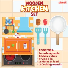 abeec Wooden Kitchen Set | Imaginative Pretend Play Toy for Toddlers | Compact Wooden Role Play Kitchen Box | Cooking Pan, Food & Utensils Included