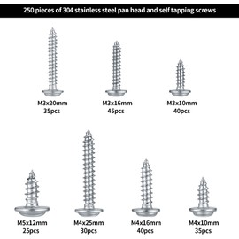 Self-tapping screws set, 250 pieces, wood screws, cross head screws, self-drilling screws, round head screws, tapping screws, stainless steel - M3/M4/M5