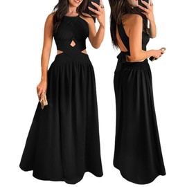 CHICME Women's Sleeveless Halter Neck Dress Criss Cross Tie Back Split High Maxi Dress Flowy A Line Ruched Vacation Black Dress-L