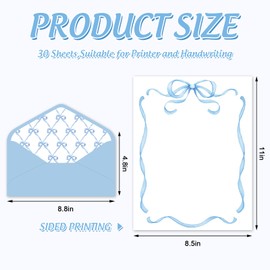 Whaline 30 Pack Blue Bow Stationery Paper Set Coquette Bowknot Letter Writing Paper with Envelopes for Birthday Baby Shower Invitation Office Printing, 8.5 x 11 Inch