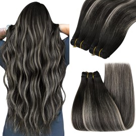 YoungSee Real Hair Wefts Black 35 cm Hair Wefts Real Hair Black Ombre Silver Wefts Real Hair for Sewing Weaving Extensions Real Hair Weft Hair Extensions Double Wefts 100 g #1B/Silver/1B