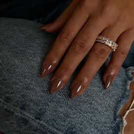 Uñas postizas cortas almendra, marrón tostado, stiletto corto, uñas acrílicas puntiagudas con cobertura total brillante, uñas postizas con pegamento, 