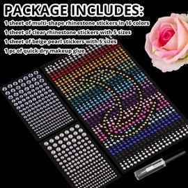 Rhinestone and Pearl Stickers 3/4/5/6/8mm Multi Shapes Rainbow&Clear Sticky Gems and Beige Adhesive Pearl, with Makeup Glue for Makeup Eyes Face Hair Body Nails, Crafts and Decorations