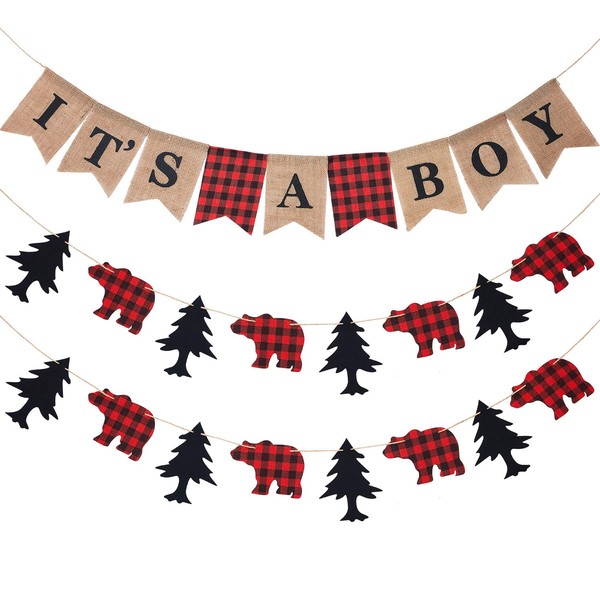 3 Pieces Lumberjack Baby Shower Banner Lumberjack Theme and It's a Boy Banner Garland Buffalo Plaid Woodland Animal Camping Banner for Baby Shower Kid Birthday Hunting Party Supplies Decoration