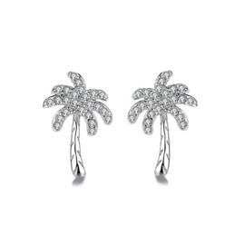 Crystal Palm Tree Stud Earrings for Women Silver Plated Delicate CZ Leaf Plant Studs Earring Ocean Beach Themed Festival Birthday Holiday Jewelry