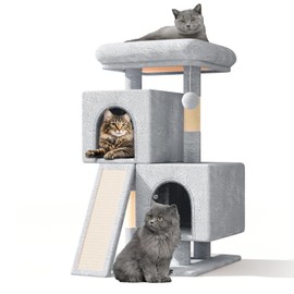 Athena Collection Small Cat Tree, Modern 34 Inch Cute Cat Tree Tower with Scratching Post 2 Condo Activity Platform and Playing Ball for Indoor, Light Grey