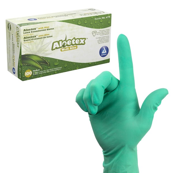 Dynarex Aloetex Latex Aloe Disposable Exam Gloves, Powder Free, Aloe Vera Gloves for Dry Hands, Used in Healthcare, Cleaning, Food Service, Green Latex Gloves, Medium, 1 Box of 100 Gloves