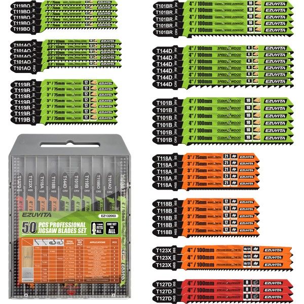 EZUVITA 50-Piece Jigsaw Blades Set with Storage Case–CR-V&HSS Steel, Assorted