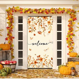 Wollmix Fall Welcome Sign Front Door Cover Decorations Banner with Maple Leaves - Autumn Harvest Festival Porch Decor for Outside, Welcome Home, Easy Hanging 72.8 x 35.4 Inches