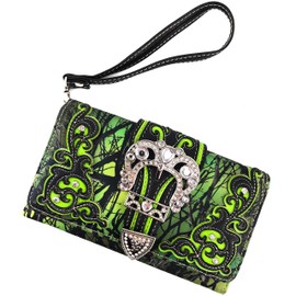 Zelris Camouflage Shine Glow Silver Buckle Women Crossbody Trifold Wallet (Green)