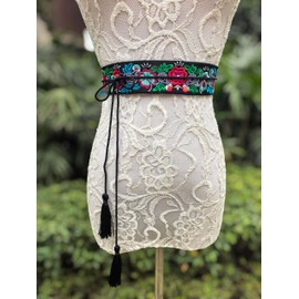FANFAN Mexican Embroidered Belt for Women Traditional Adjustable Belt Boho Tassel Belt for Wedding Party Dress E4, Flower Style, One Size