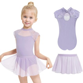 Gogokids Ballet Leotards for Girls Dance Leotards Toddler Hollow Back Lace Dance Dress with Removable Skirt Combo, Purple(140/8-9 Years)