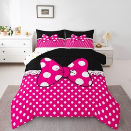 Cartoon Bowknot Kids Comforter Set Full Size,Geometric Dots Patchwork Modern Bedding Set,Girls Women Room Decor,Bow Tie Fairy Princess Down Comforter,Rose Pink Dreamy Duvet Insert,2 Pillowcases
