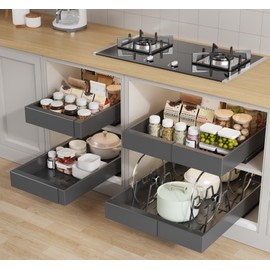 Seinloes 4 Pack Pull Out Cabinet Organizer 21" Deep with Raising Pad for Framed Cabinets, Expandable (9"-14" W) Slide Out Drawers for Kitchen Cabinets with 4pcs Divider Racks, Roll Out Shelves, Black