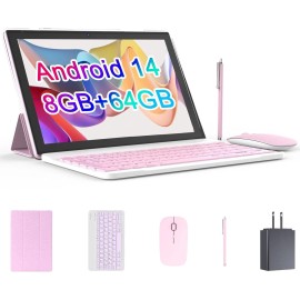 RUIQIAI 2024 Newest Android 14 Tableta, 2 in 1 Tablet 10 Inch,Computer Tablet, Pink
