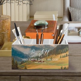 XLDLIOO Christian Pen Pencil Holder Organizer for Desk Accessories, Be Still Psalm 46:10 Bible Verse Scripture Wooden Box Sign Desk Decor for Home Bedroom Office Decoration, Christian Gifts for Women