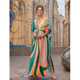 caftans for women Floral Print Kaftan Dresses Ethnic Boho Print swim cover up Batwing Sleeve mrs roper dress Vneck Plus Size beach Cover Up Batwing Sleeve mumu dresses 70s outfits 1126-4