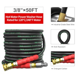 POHIR 3/8" Pressure Washer Hose 50 FT for Cold and Hot Water Max 248°F with Quick Connect, 4800psi Kink Resistant Industry Grade Steel Wire Braided Synthetic Rubber Jacket with 2 M22 14mm Adapter Set