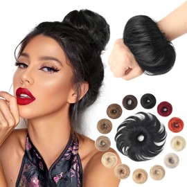 KISANOF Messy Bun Hair Piece Natural Curly Jet Black Tousled Stretchy Fluffy Donut Updo Elastic Rubber Band Human Hair Bun Extension Chignons Scrunchies(1 Count #1 Jet Black