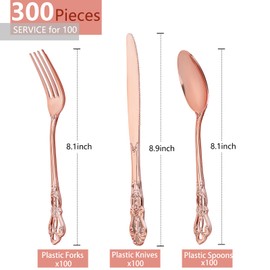 Joyido 300PCS Rose Gold Plastic Silverware - Heavy Duty Elegant Disposable Utensils - Vintage Rose Gold Cutlery Set Includes 100 Forks, 100 Spoons, 100 Knives for Dinner Parties Weddings