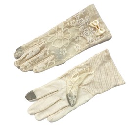 aoozleny Women Lace Floral Gloves Non-slip Elegant Short Bow Lace Gloves for Wedding Parties Driving Cycling (beige)