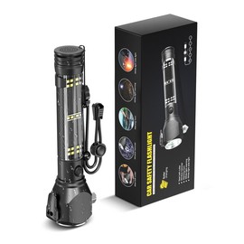 Strong Light Flashlight, 10 In 1 Multifunctional Safety Hammer 6000LM Flashlight, Car Self-Rescue Broken Window Hammer With Alarm,Cutter, Side Red Warning Light, Solar Charging, Tail Magnet, Mobile Power Supply