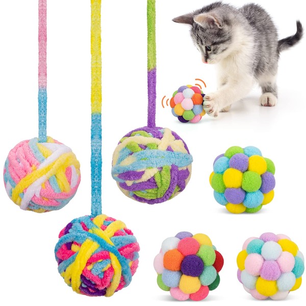 Retro Shaw Woolen Cat Toy Balls with Bell and Fuzzy Balls, Interactive Toys for Indoor Cats and Kittens, Chew Toys, 6 Pack