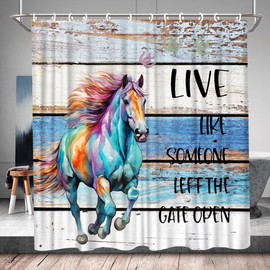 QWRSMYX Horse Shower Curtain Farm Animal Inspirational Quote Motivational Word Rustic Farmhouse Colorful Vintage Barn Door Wooden Plank Polyester Fabric Bathroom Set with Hooks 70Wx70H Inch