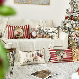 AVOIN colorlife Merry Christmas Balls Eucalyptus Holly Berries Gloves Throw Pillow Covers, 12 x 20 Inch Xmas Winter Holiday Red Stripes Cushion Case Decoration for Sofa Couch Set of 4