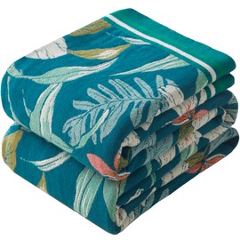 Phuryllic Boho Throw Blanket Full Size, Extra Large Soft Cozy Cotton Muslin Quilt Blanket for Bed Decor, Floral Patterned Couch Sofa Chair Cover, Vintage Farmhouse Cottage Woven Blanket, Teal&Green