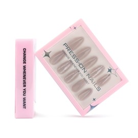 Gray Press on Nails Medium Almond Fake Nails with Design Silver Glitter Glue on Nails Full Cover Spring Nails Glossy Reusable 30pcs -15Sizes Solid Fall False Nails for Women Girls Manicure