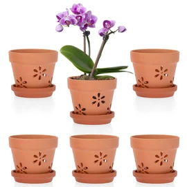JUXYES Pack of 6 Small Terracotta Orchid Pots with Holes and Saucers, 4-Inch Clay Planter Pots for Indoor and Outdoor Use, Promotes Air Circulation