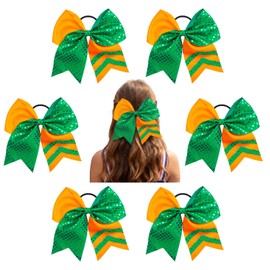 Large Cheer Bows, 8" Jumbo Cheerleading Hair Bows with Elastic Ponytail Holder, Handmade Grosgrain Ribbon Hair Accessories for Girls Softball, Volleyball, School Sports & Cheer Teams(ORN & GRN Sequin)