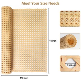 Rattan Webbing Roll, 16 x 118 Inch Woven Open Rattan Mesh PE Cane Webbing for DIY Home Decor Projects, Synthetic Rattan for Furniture, Chair, Cabinet, Ceiling, Bed, Door