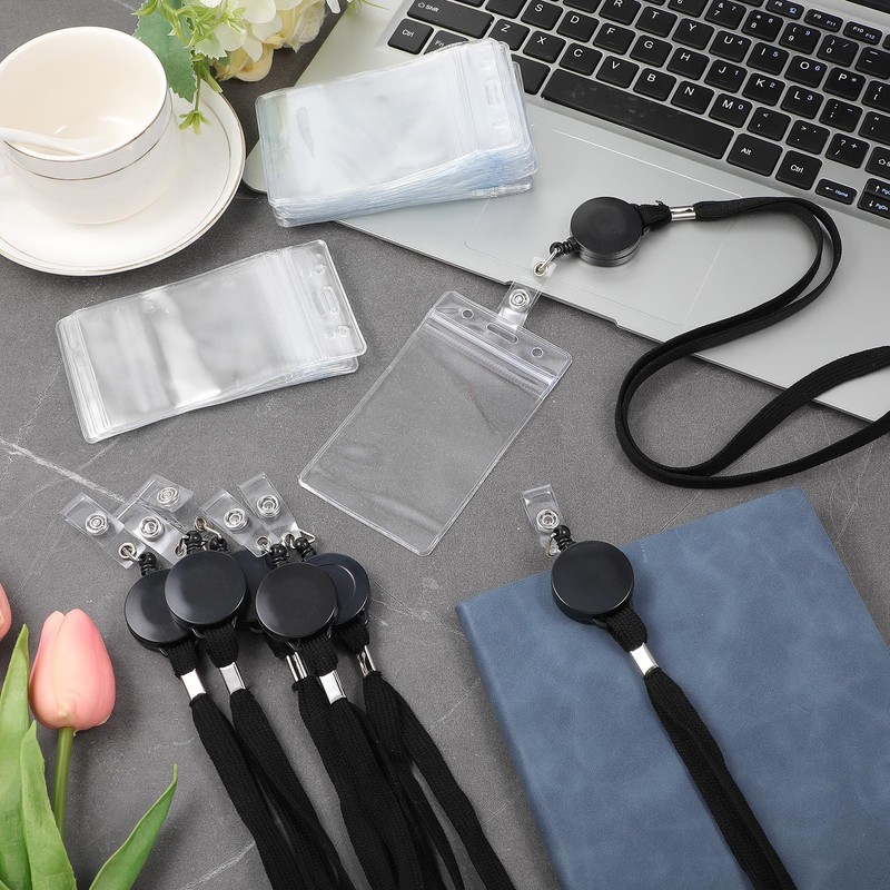 50 Set Lanyard with ID Holder, Flat Lanyard with Retractable