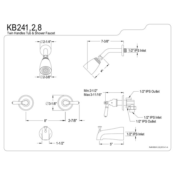 Kingston Brass KB248 Magellan Tub and Shower Faucet 2-Magellan Handle, Brushed Nickel, 5-Inch Spout Reach