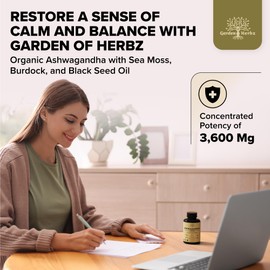 Garden of Herbz Garden of Herbz Organic Ashwagandha Root & Irish Sea Moss ?3,600 mg Ashwagandha Supplement with Black Seed Oil, & Burdock Root ?Herbal Supplement for Energy, Stress Relief, Extra Strength, 60 Caps