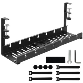 No Drilling Extendable Under Desk Cable Management,Metal Cable Management Tray Under Desk with Retractable Clamp for Wire Management, Sturdy Metal Tray Basket for Home Office(Color:Black)