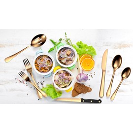 Tribal Cooking 49 Piece Gold Silverware Set - Service for 8 - Stainless Steel Gold Flatware serving set - Cutlery Set - Knives, Fork, and Spoon - Dishwasher Safe - Stunning Polished Finish
