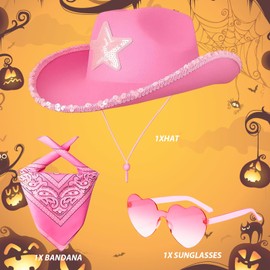 SGFNXB Pink Cowboy Hat, Cowboy Hat Women, 3 Piece Set with Hat, Bandana and Sunglasses for Western Themed Parties, Bachelorette Nights and Music Festivals