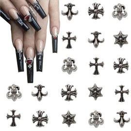 100 Pcs 3D Nail Charms Vintage Silver Metal Chrome Heart Cross Nail Art Charms Punk Gothic Mixed Skulls Hearts Cross Shape for Manicure DIY Craft Nail Cellphone Art Accessories (Silver)