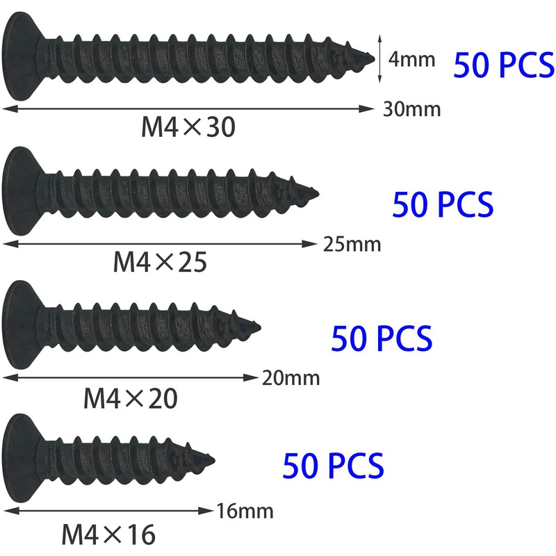 200 PCS Black Flat Head Self Tapping Screws (M4)