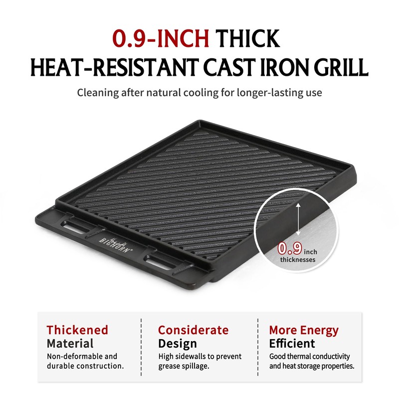 BIG HORN OUTDOORS Cast Iron Griddle Reversible Square Griddle Flat