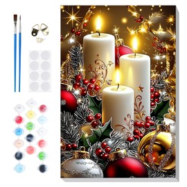 Bowetile Christmas Paint by Numbers for Adults Beginners Framed, Candles Adults' Paint-by-Number Kits, Adult Paint by Number Kits on Canvas, Acrylic Number Painting for Home Decor, 8x12in